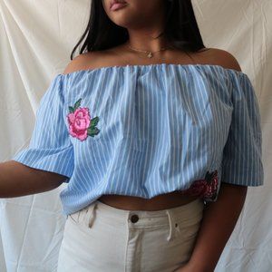blue and white striped over the shoulder top